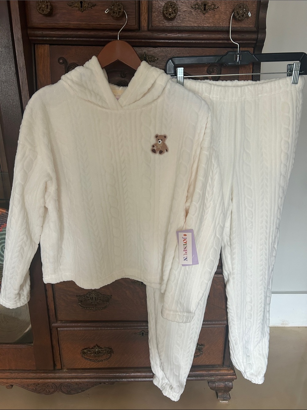 Cream Cable-Knit Hooded Sweater & Pants Loungewear Set